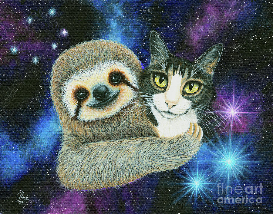 Trixie and Her Sloth Friend - Tabby Cat Galaxy Painting by Carrie Hawks
