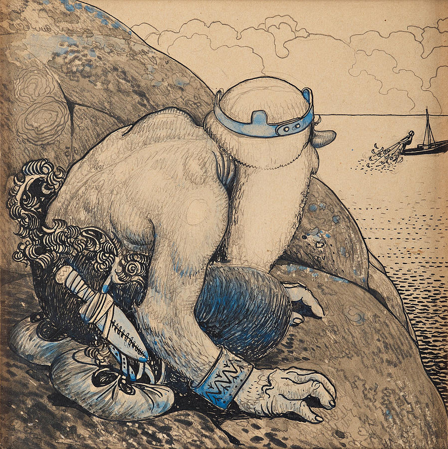 Troll hiding behind cliffs  Drawing by John Bauer