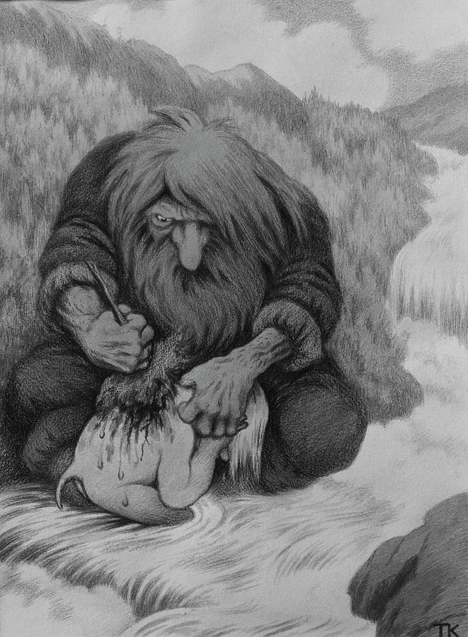 Troll washing his child, 1905 Drawing by O Vaering by Theodor Kittelsen