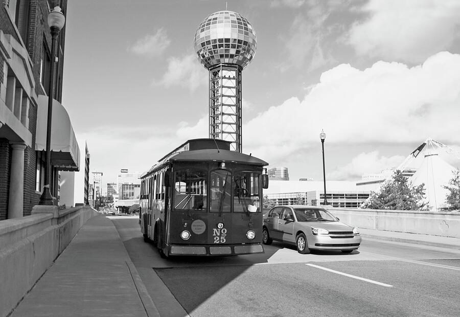 Trolley Car and Sunsphere Knoxville TN BW  Photograph by Bob Pardue