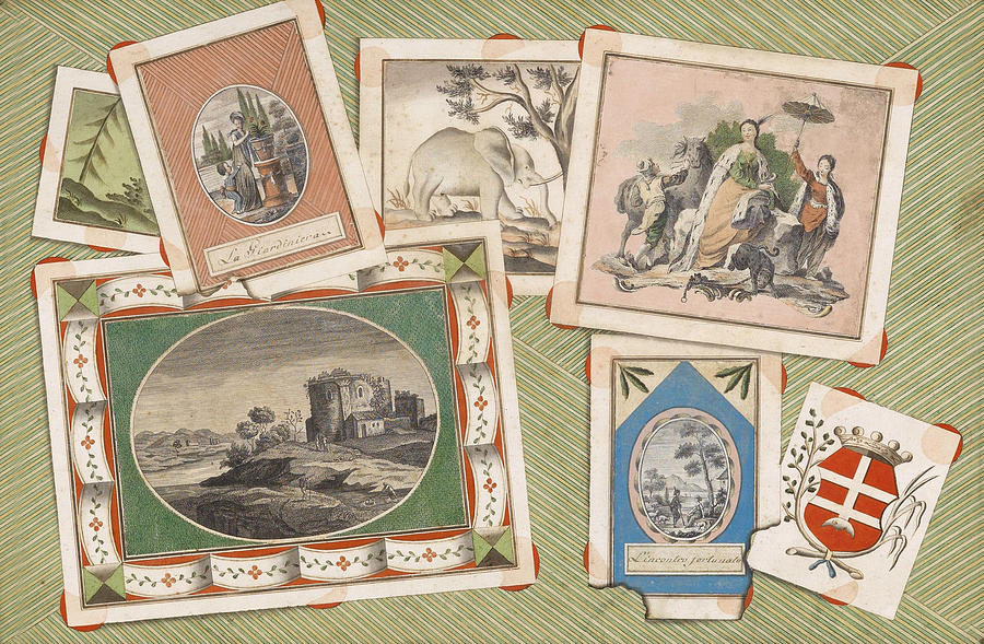 Trompe loeil, La Giardiniera, Elephant, Landscapes, Coat of Arms Drawing by Anonymous