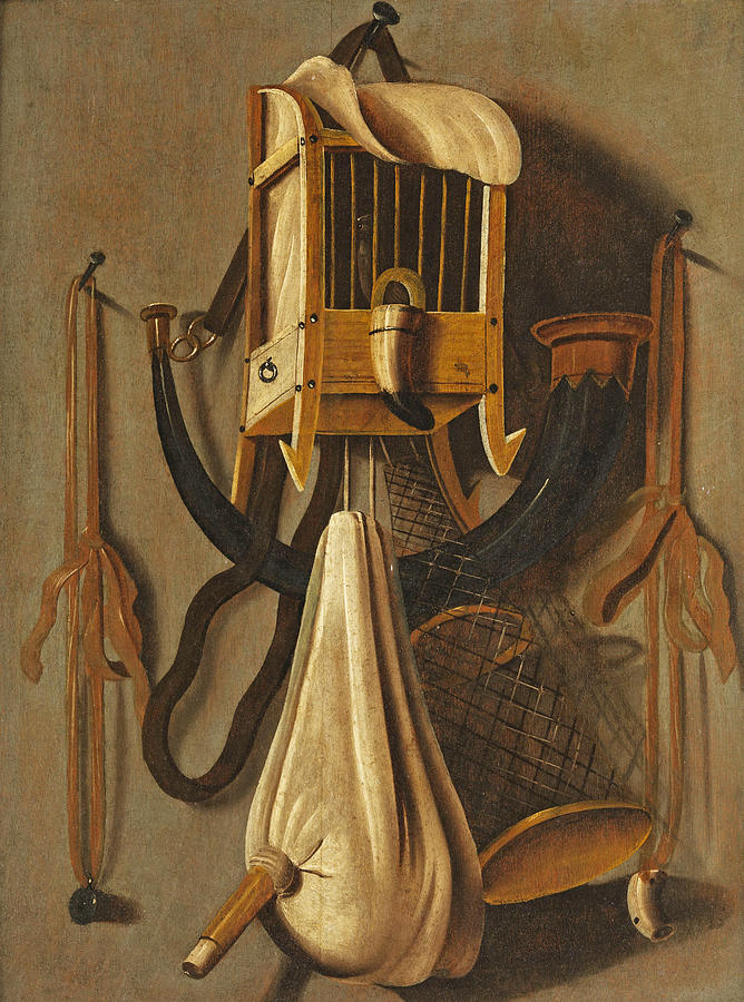 Trompe loeil Still life with hunting devices Painting by Workshop of Johannes Leemans