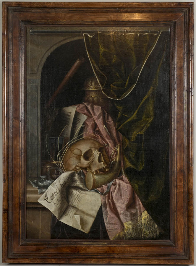 Tromple l'oeil vanitas still life with a skull, a hunting horn and ...