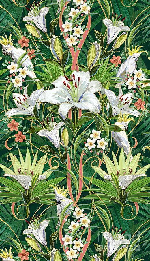 Tropical Art Nouveau Lilies and Cockatoos Drawing by L Diane Johnson