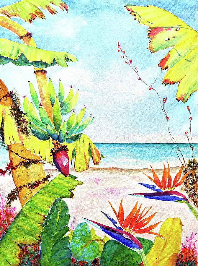 Tropical Beach Garden Ocean View Painting by Carlin Blahnik CarlinArtWatercolor