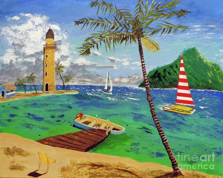 Tropical Beach Lighthouse Painting by Frank Littman