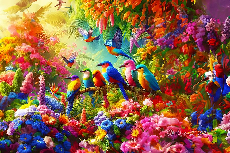 Tropical Birds in Tropical Forest Digital Art by Peggi Wolfe