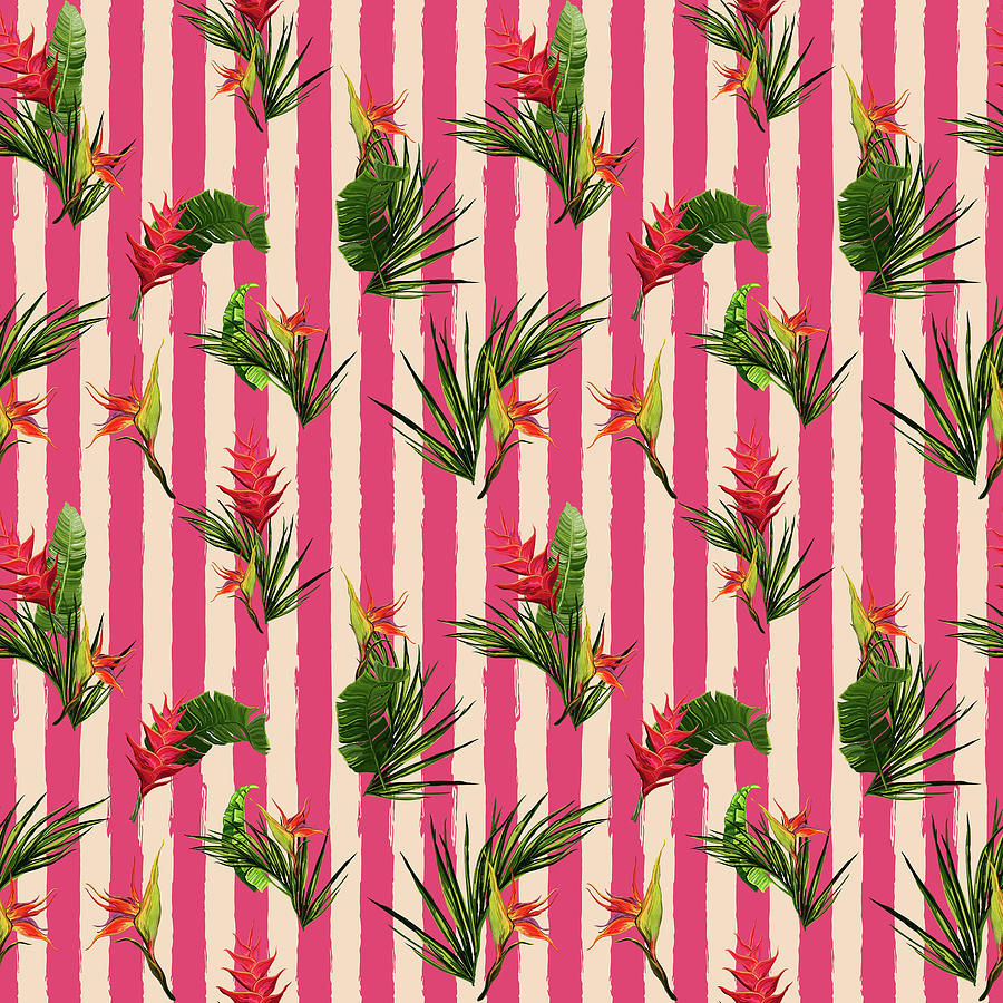 Tropical Birds Of Paradise Floral Pattern - 02 Digital Art by Studio Grafiikka