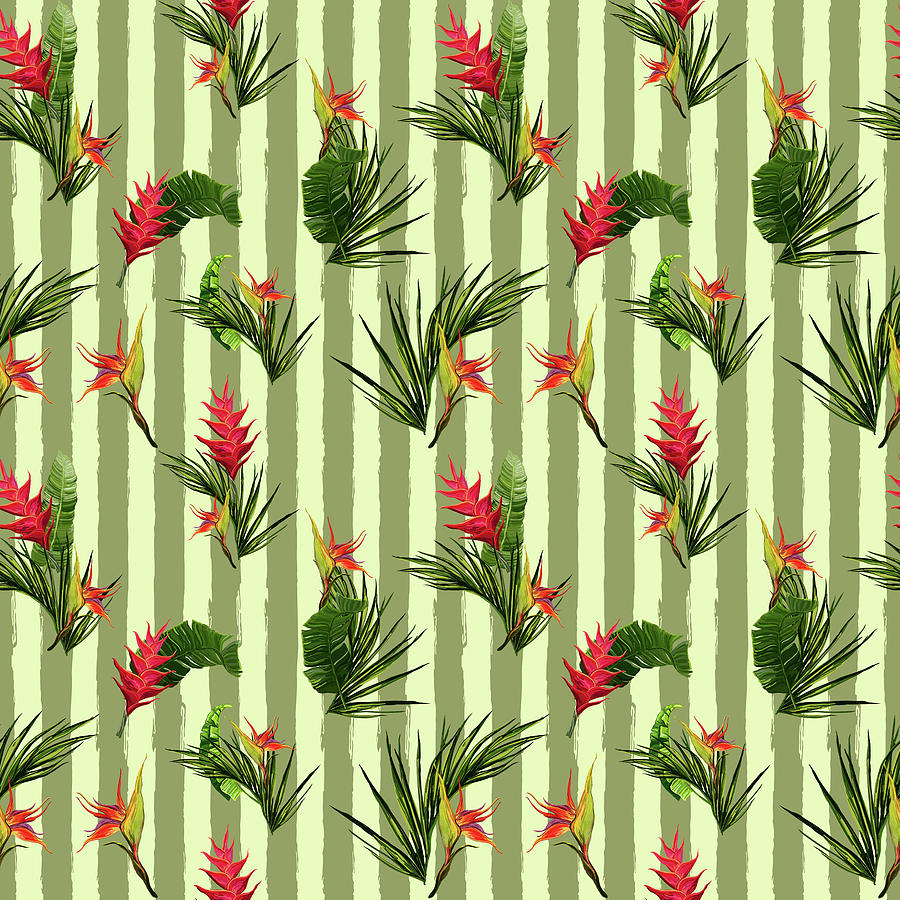 Tropical Birds Of Paradise Floral Pattern - 03 Digital Art