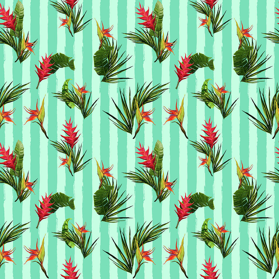 Tropical Birds Of Paradise Floral Pattern - 04 Digital Art