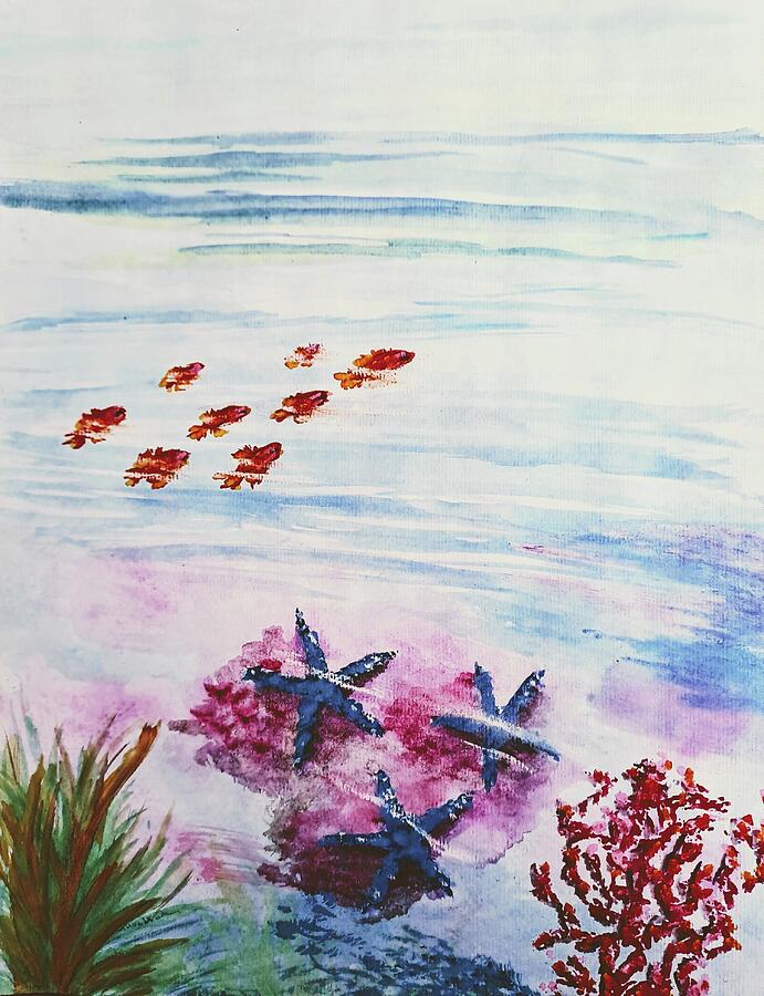 Fish Painting - Tropical Blue seastars and sea goldies by Lucia Waterson