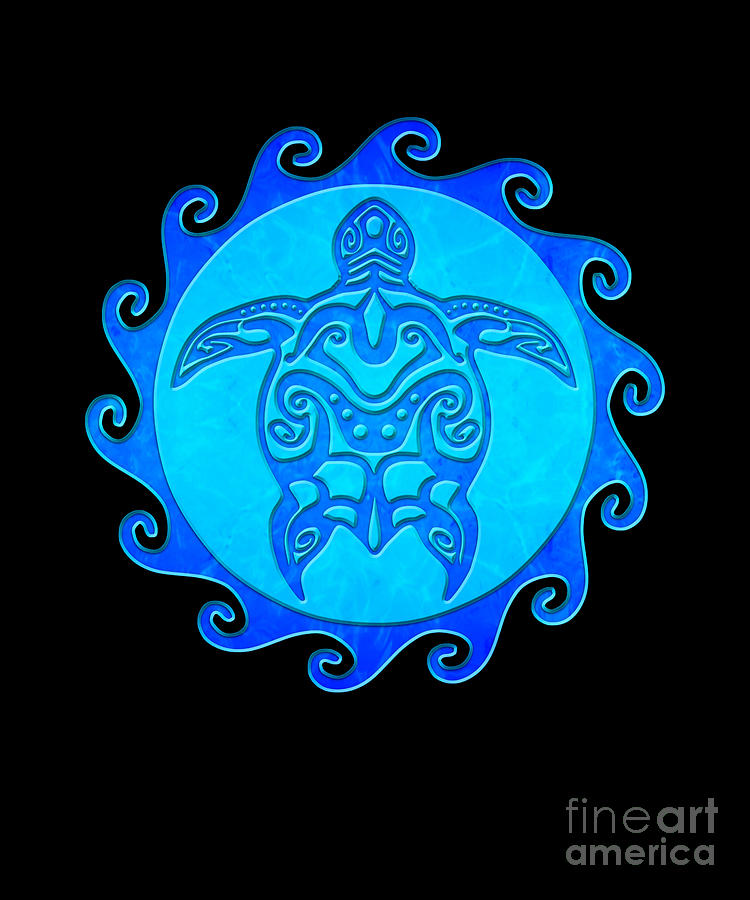 Tropical Blue Tribal Sea Turtle Maori Sun Digital Art by MacDonald ...