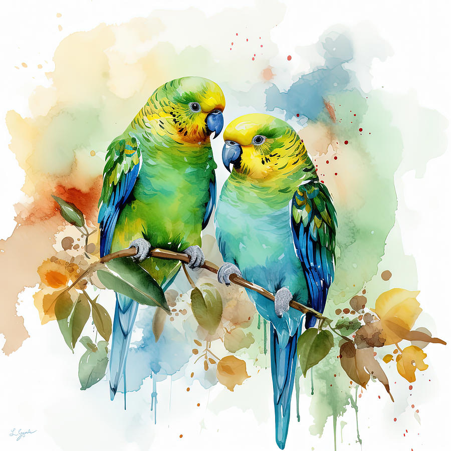 Tropical Brilliance - Budgerigar Birds Painting by Lourry Legarde