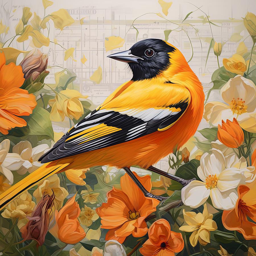 Tropical Elegance - Vibrant Oriole Art Painting by Lourry Legarde