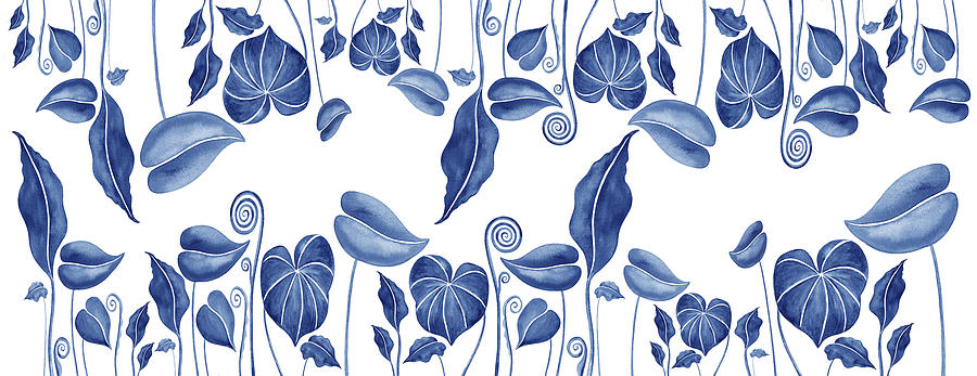 Tropical Exotic Botanical Watercolor Blue Leaves Pattern  Painting by Irina Sztukowski