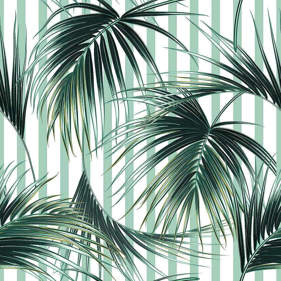 Tropical exotic seamless pattern background with palm leaves, jungle leaf.  Summer design. Abstract striped texture Drawing by Julien - Pixels