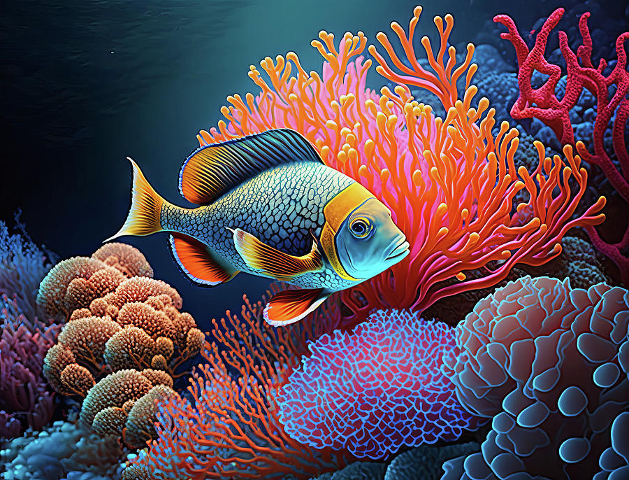 Tropical fish in vibrant coral reef Digital Art by Karen Foley