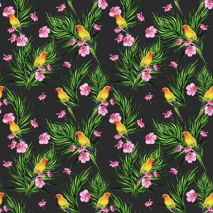 Tropical Floral Parrot Pattern - Black Digital Art by Studio Grafiikka