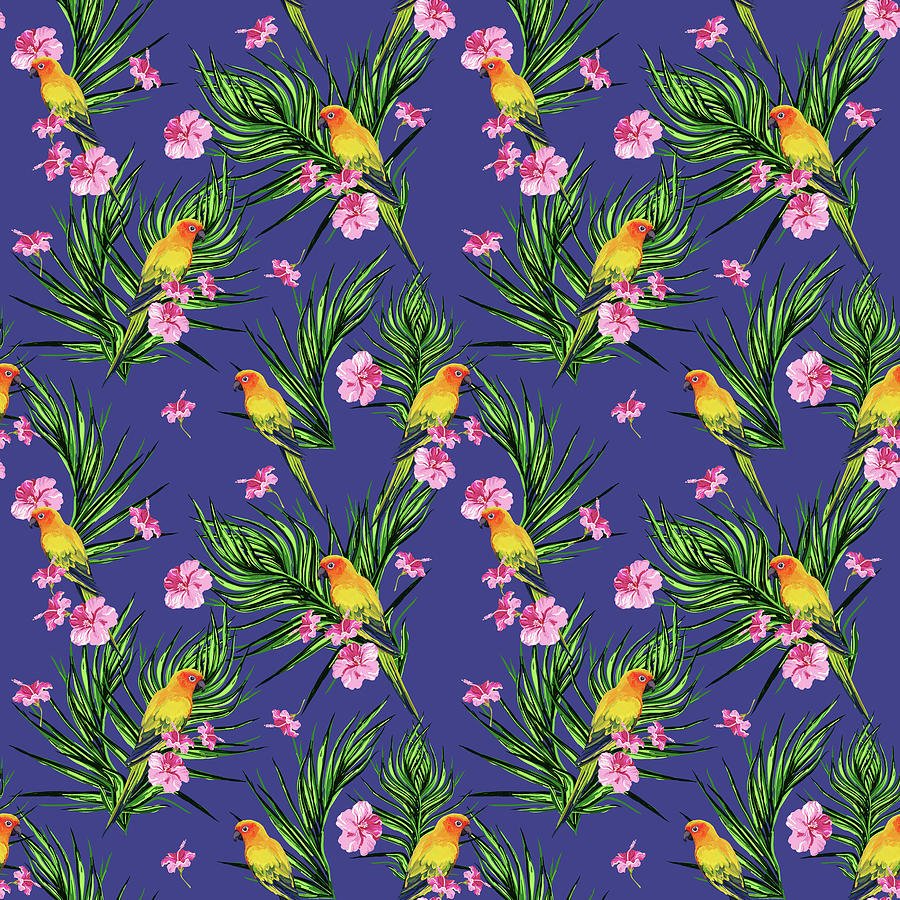 Tropical Floral Parrot Pattern - Blue Digital Art by Studio Grafiikka