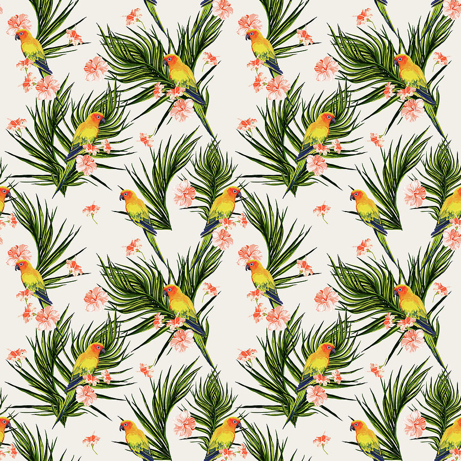 Tropical Floral Parrot Pattern - Off White Digital Art by Studio Grafiikka