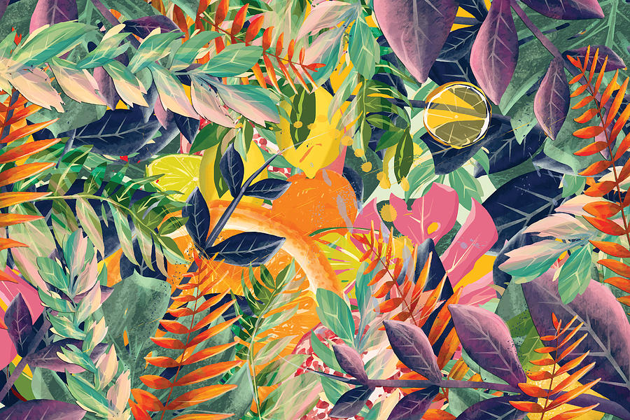 Tropical fruit and leaves background Drawing by Dusan Stankovic