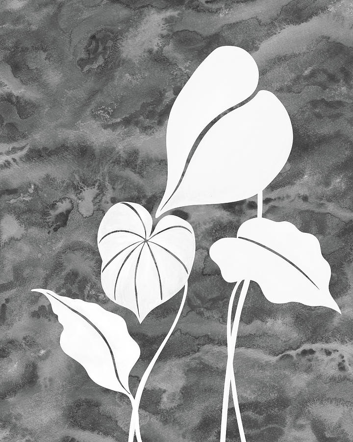 Tropical Garden With Exotic White Leaves On Gray Watercolor Painting
