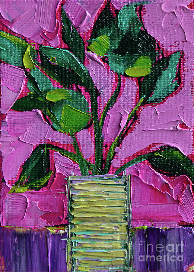 TROPICAL GREEN PLANT ON PINK - abstract miniature palette knife oil painting Painting by Mona Edulesco