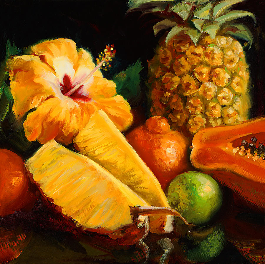 Still Life Painting - Tropical Hibiscus with Pineapple by Laurie Snow Hein