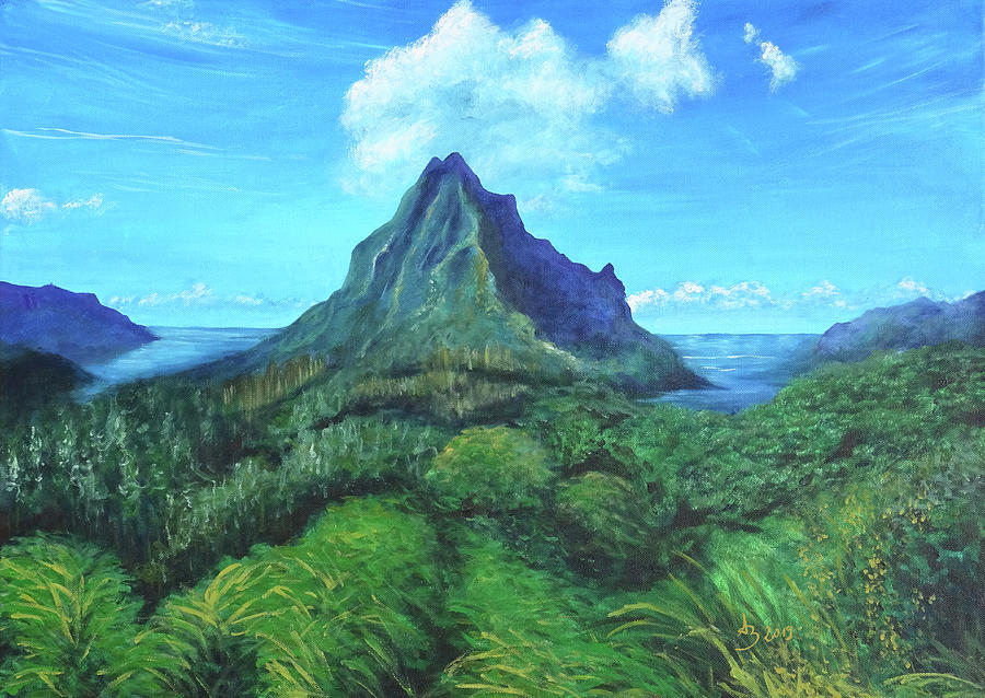 Tropical Island with Mountain Painting, Paradise in French Polynesia  Painting by Aneta Soukalova