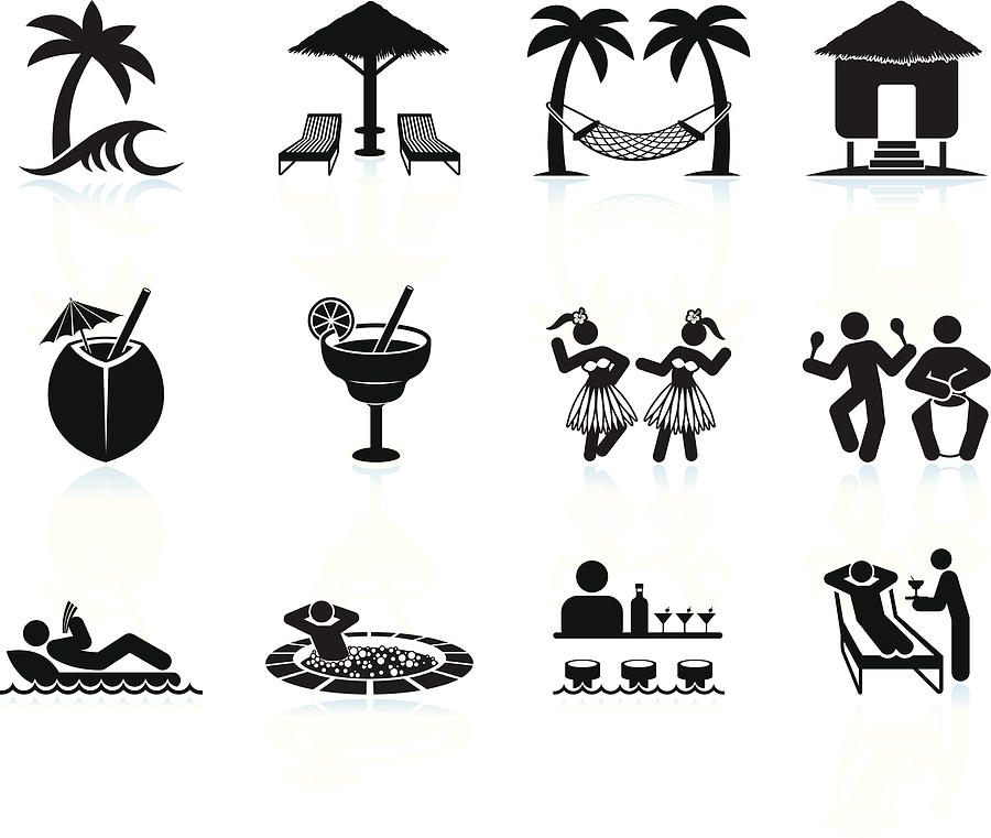 Tropical island vacation black and white icon set Drawing by Bubaone