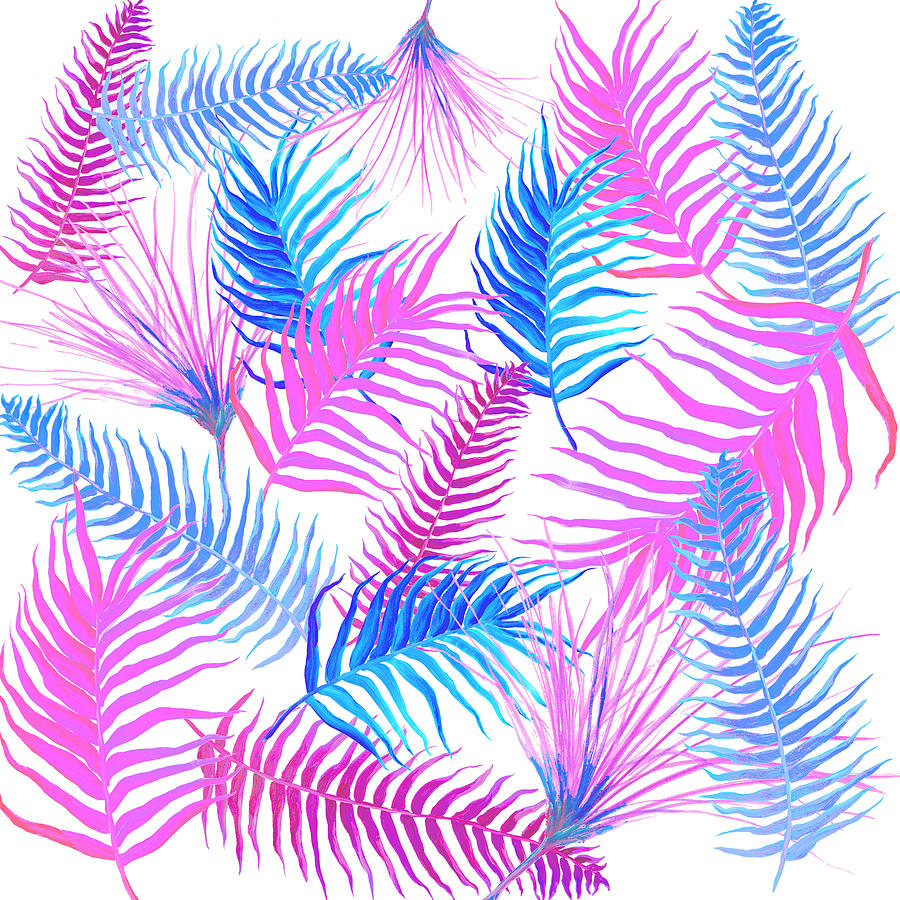 Tropical Leaves And Ferns In Blue And Pink Painting