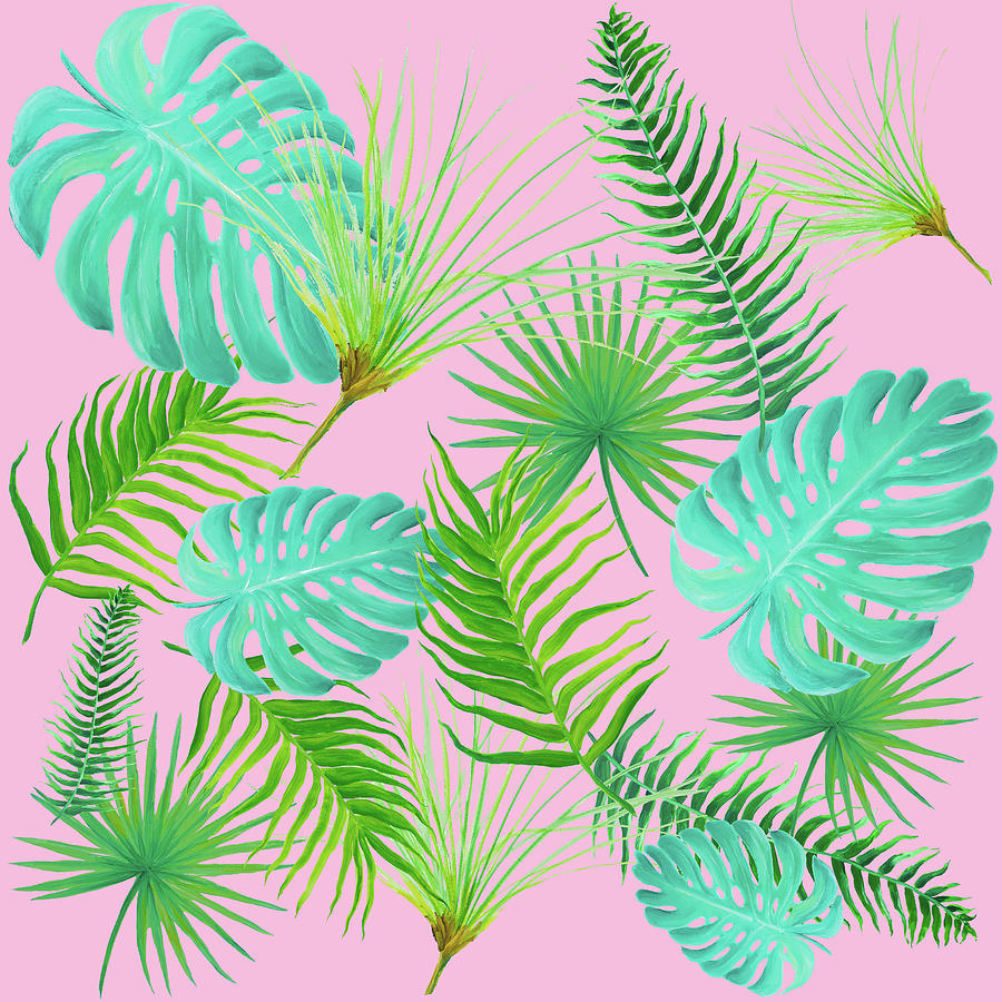 Tropical leaves and ferns on pink Painting by Jan Matson