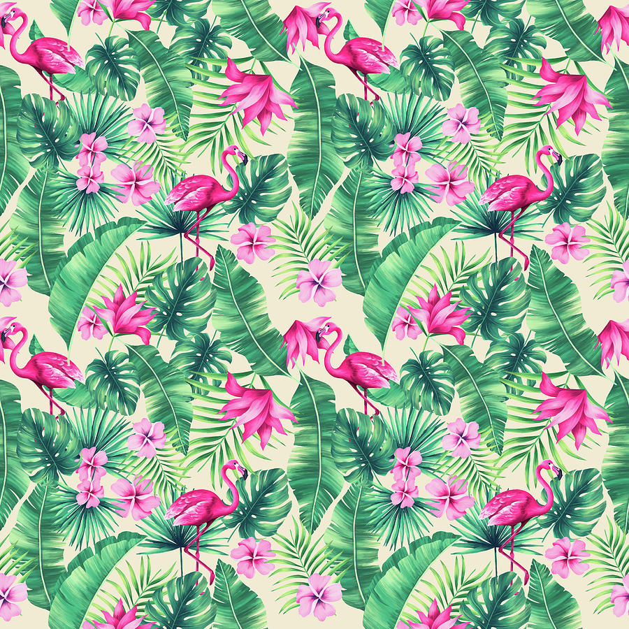 Tropical Leaves and Flamingos - 01 Digital Art by Studio Grafiikka