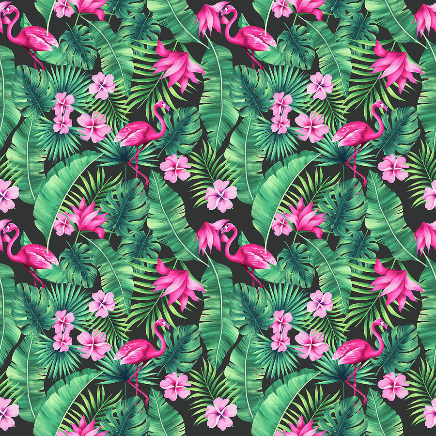 Tropical Leaves and Flamingos - 02 Digital Art by Studio Grafiikka