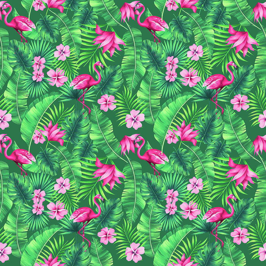 Tropical Leaves And Flamingos - 04 Digital Art