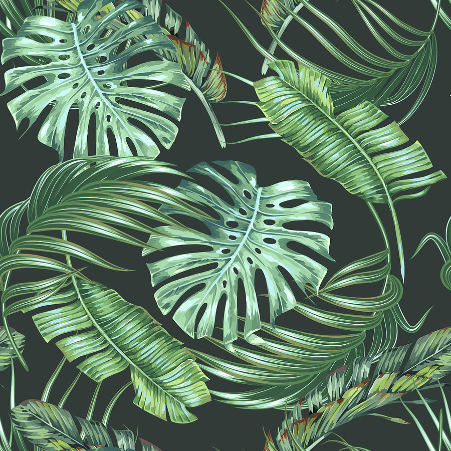 Tropical leaves, monstera, banana leaf, jungle foliage floral seamless  pattern, summer background. Vintage botanical exotic illustration wallpaper.  Drawing by Julien - Fine Art America
