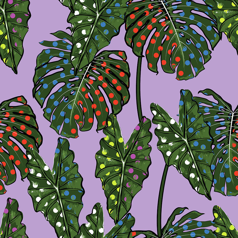 Tropical Leaves Seamless Pattern On Colorful Pop Art Style Fill-in With Polka Dot Drawing