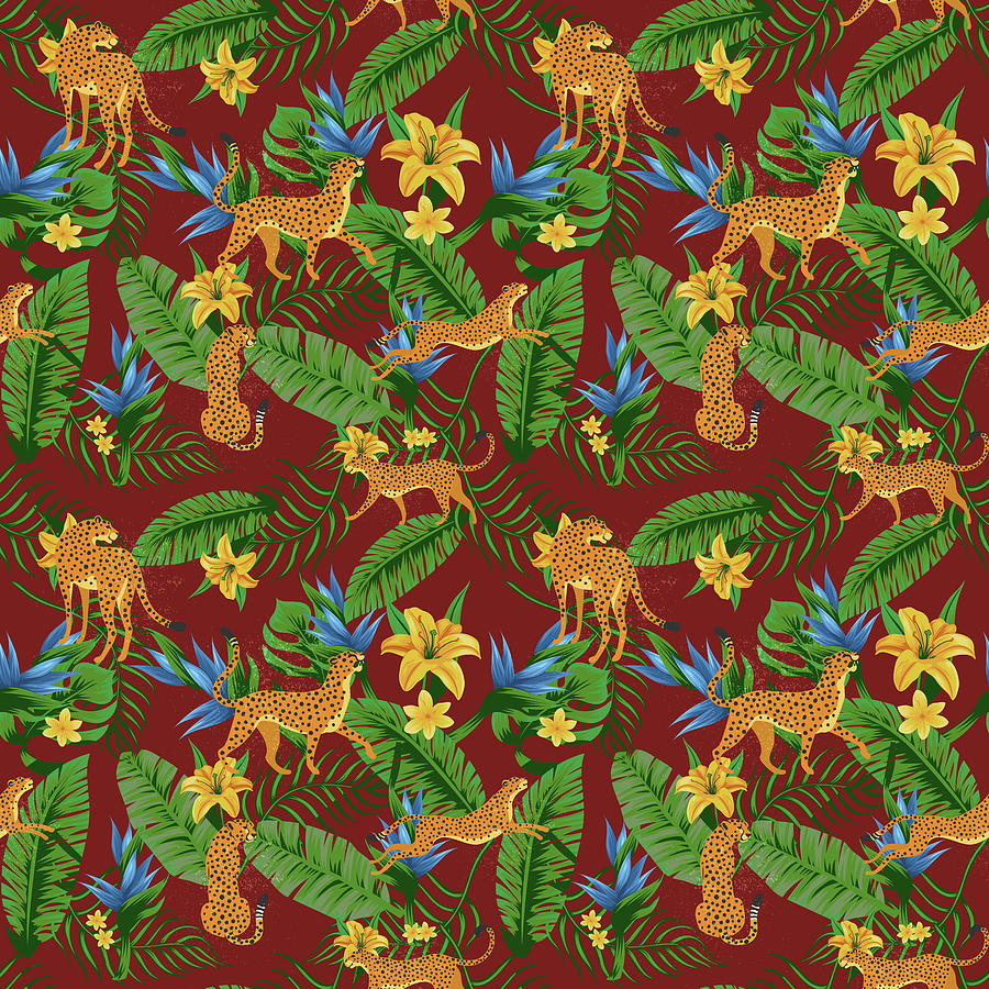 Tropical Leopard Floral Pattern - Maroon Digital Art by Studio Grafiikka