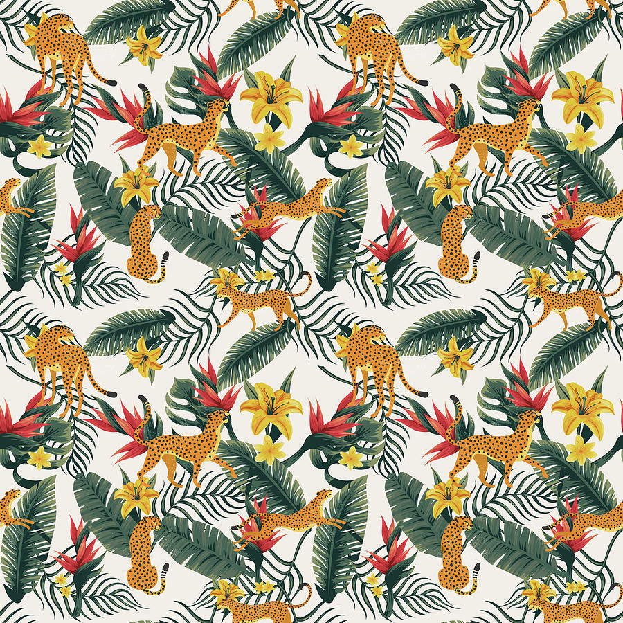 Tropical Leopard Floral Pattern - Off White Digital Art