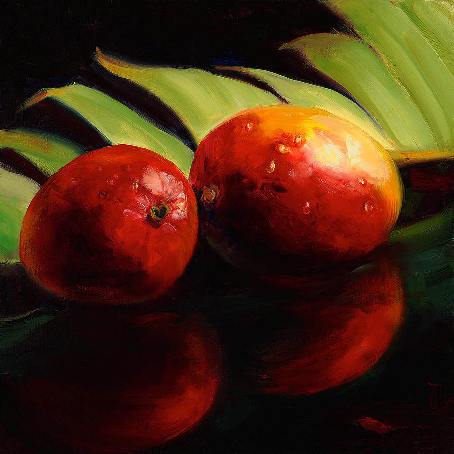 Still Life Painting - Tropical Mangos and Palm Leaf by Laurie Snow Hein