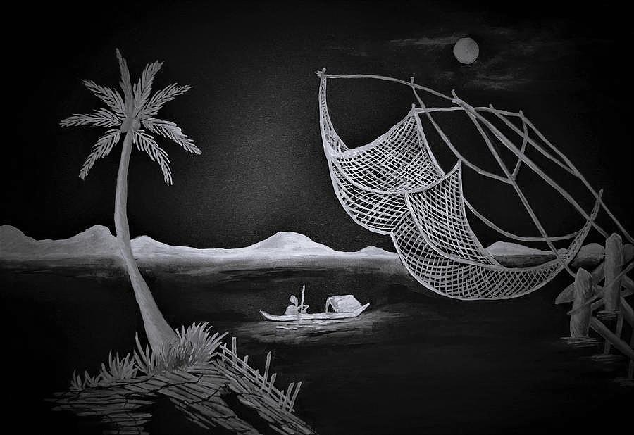 Tropical night scene with a boatman, fishing net and palm tree Painting by Tara Krishna