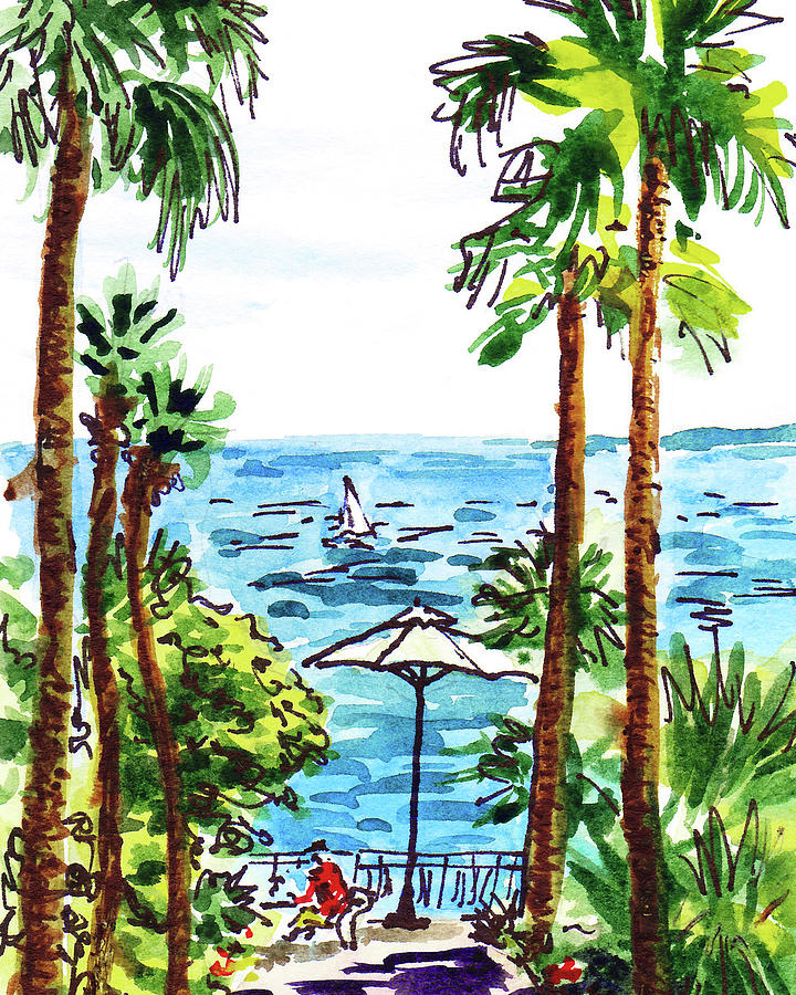 Tropical Paradise Watercolor Landscape With The Sea Sailboat And Palm Trees  Painting by Irina Sztukowski