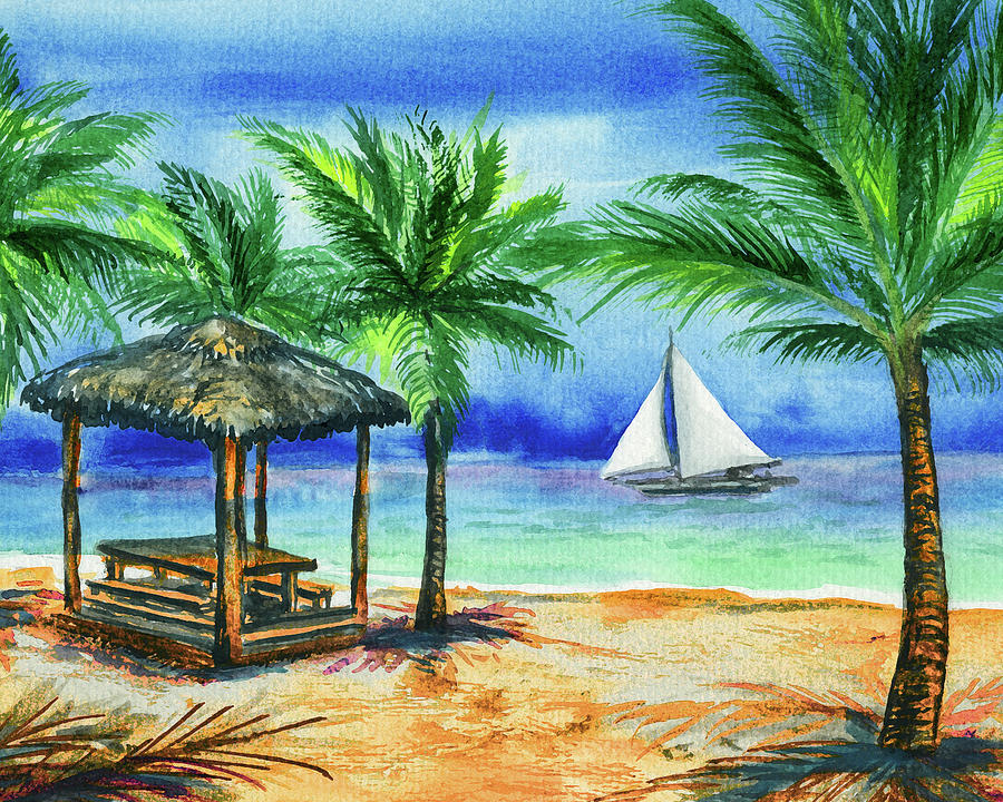 Tropical Paradise Watercolor Landscape With The Sea Sailboat Gazebo And Palm Trees  Painting by Irina Sztukowski