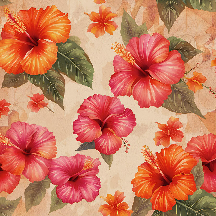 Tropical Pink and Orange Hibiscus Flowers Digital Art by Freddy B