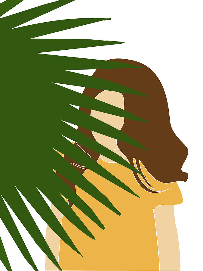 Tropical Reverie 11 - Modern, Minimal Illustration - Girl And Palm Leaves - Aesthetic Tropical Vibes Mixed Media