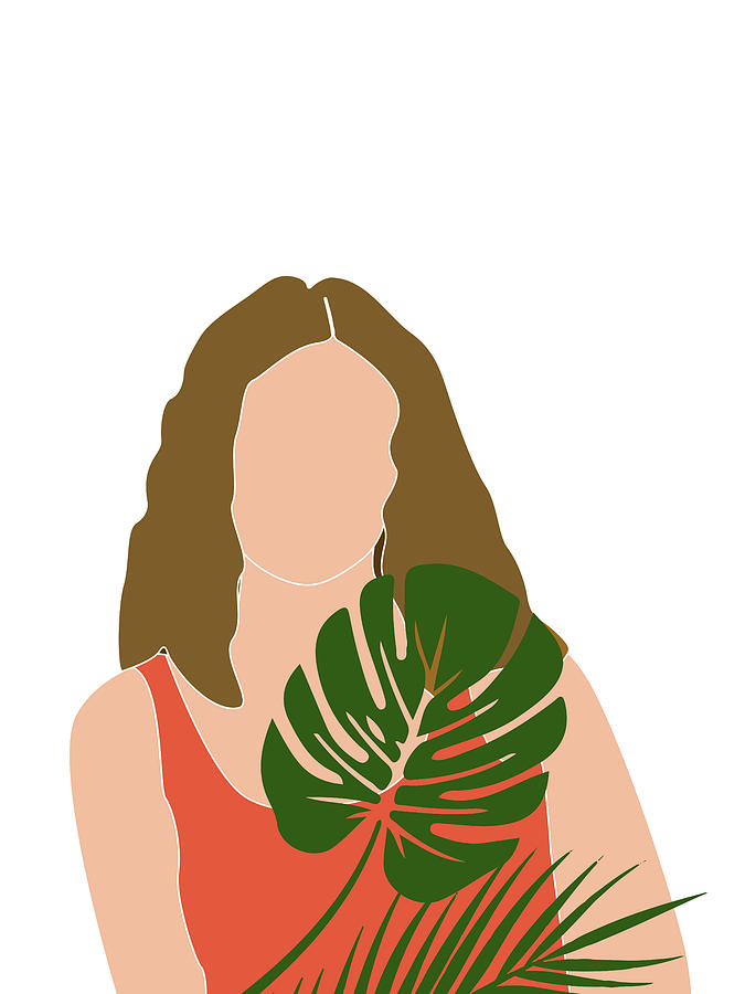 Tropical Reverie 18 - Modern, Minimal Illustration - Girl and Palm Leaves - Aesthetic Tropical Vibes Mixed Media by Studio Grafiikka