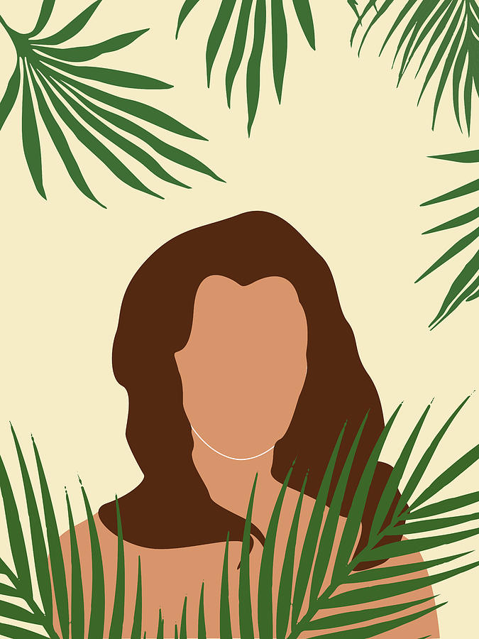 Tropical Reverie 5 - Modern, Minimal Illustration - Girl And Palm Leaves - Aesthetic Tropical Vibes Mixed Media