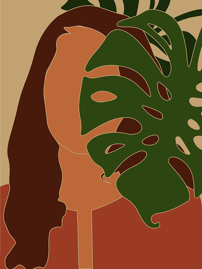 Tropical Reverie - Modern Minimal Illustration 04 - Girl With Monstera - Tropical Aesthetic - Brown Mixed Media