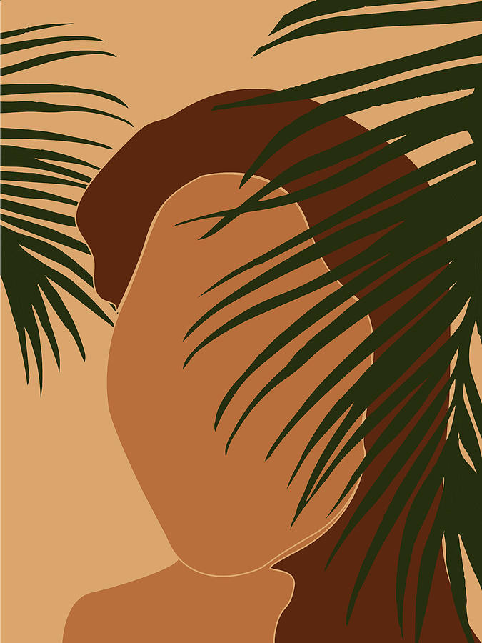 Tropical Reverie - Modern Minimal Illustration 05 - Girl With Palm Leaf - Tropical Aesthetic - Brown Mixed Media