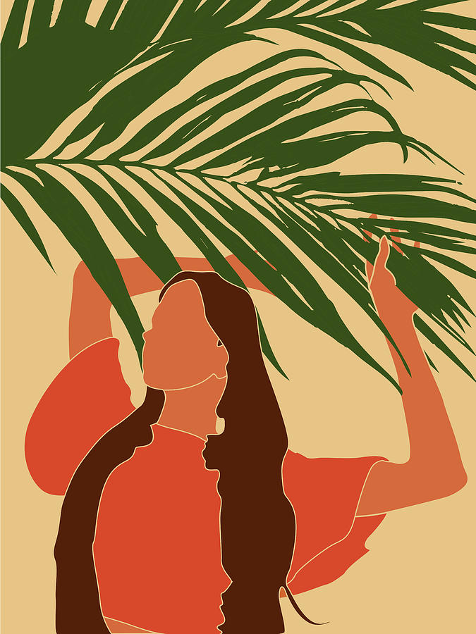 Tropical Reverie - Modern Minimal Illustration 11 - Girl, Palm Leaves - Tropical Aesthetic - Brown Mixed Media